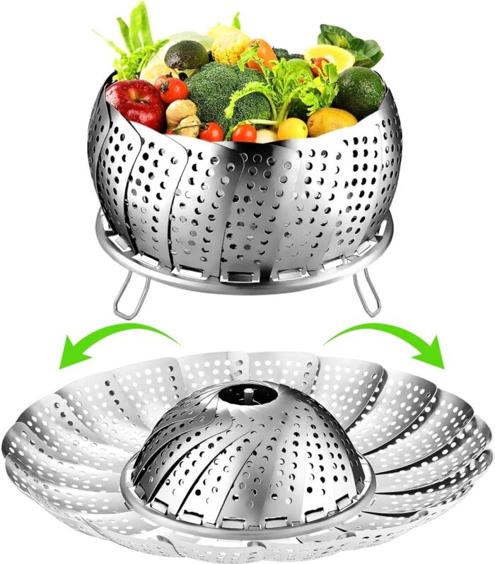 pack of 1 Stainless steelFolding Vegetable Steamer Basket Collapsible Steamer basket for vegetable Cooking, fish and baby food steamer, Big and Expandable Fit Various Size Pot 27 CM