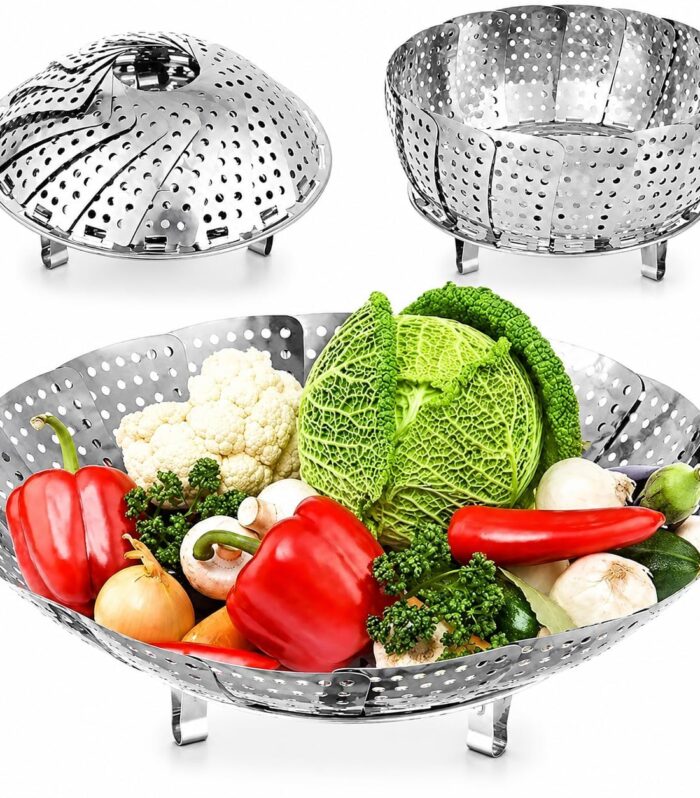 Stainless Steel Vegetable Steamer Basket with Foldable Legs | Collapsible Steaming Basket for Vegetables, Dumplings & More | Kitchen Cooking Accessory