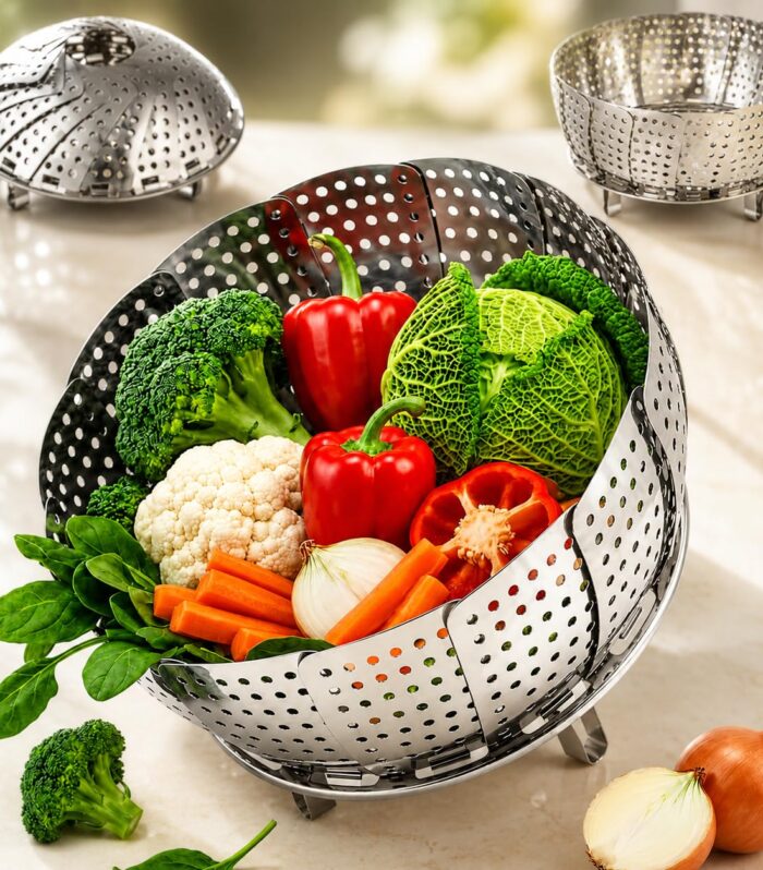 GONCART26 Vegetable Steamer Basket Stainless Steel Vegetable Steamer for Cooking Vegetable & Fruits/Salad/Steaming with Insert for Pots, Crock, Pans Food Drain Bowl (Silver)