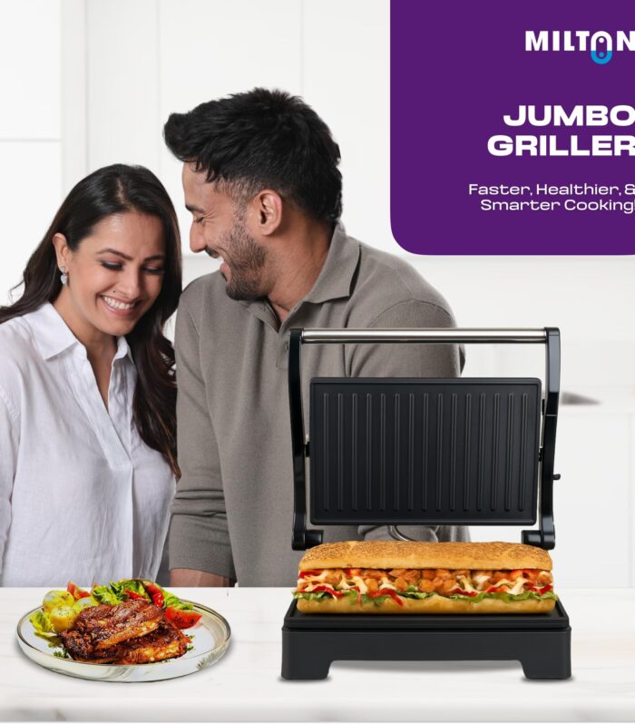 Premium 800 Watt 180° Electric Grill Sandwich Maker | Auto Cut-Off | Cool Stainless steel Uni Touch Body | Non-Stick | Non Toxic BPA, PTFE Free | 1 Year Warranty - Griller + Wooden Tongs