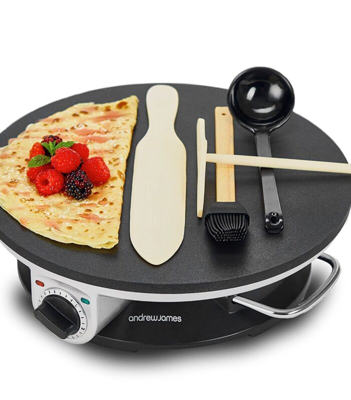 Crepe and Pancake Maker | 33cm (13 Inch) Non-Stick Electric Hotplate for Pancakes | Includes Four Crepe Making Tools | 1200W Temperature and Thermostatic Control