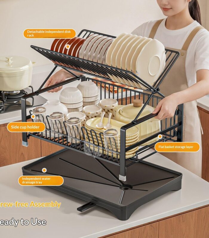 New 2 Level Household Tableware Drain Rack Kitchen Unique Storage Shelf Dish Drying Rack with Drainboard 2 Tier Dish Drying Rack