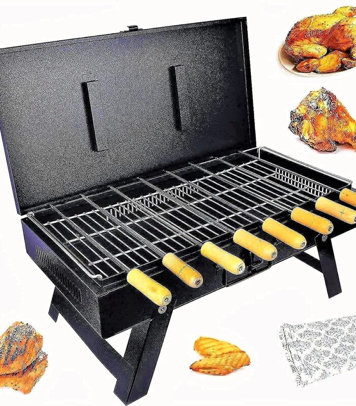 Electric BBQ Grill, Smokeless Portable Briefcase Style, 2000W with Adjustable Height, Stainless Steel Frame, 48x38x6 cm