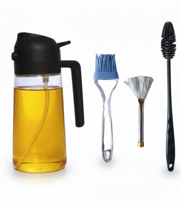 2 in 1 Glass Oil Sprayer & Dispenser Combo | Dispenser 500ml with Silicone Brush, Cotton Ghee Brush & Silicone Bottle Cleaner | Kitchen Oil Bottle Set