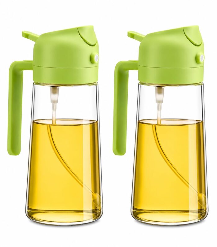 Glass Oil Sprayer and Dispenser Bottle, 500ml Capacity, 2-in-1 Design (Pack of 2) | Refillable Leakproof Glass Dispenser for Olive Oil, Vinegar, Cooking, Air Fryer & BBQ | Multicolor