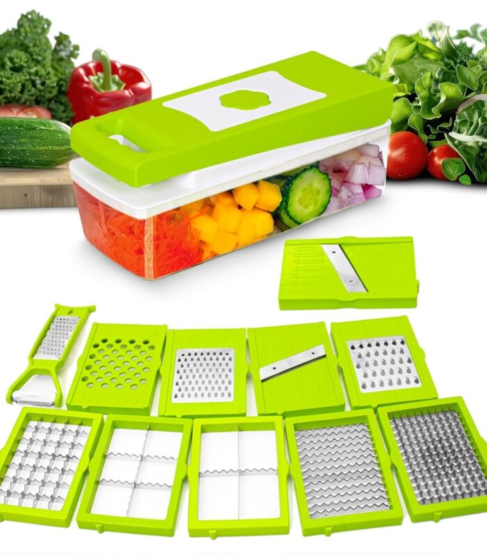 12 in 1 Multipurpose Chopper, Fruits & Vegetable Cutters, Grater Peeler Chipser, Unbreakable Food Grade Body, Easy Push to Clean Button Slicer Dicer, Chopper for Kitchen