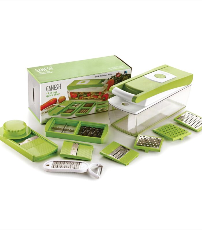 14 in 1 Multipurpose Chopper, Fruits & Vegetable Cutters, Grater Peeler Chipser, Unbreakable Food Grade Body, Easy Push to Clean Button Slicer Dicer, Chopper for Kitchen (Green, Plastic)