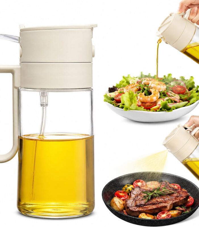500ML Oil Sprayer for Cooking, 2 in 1 Olive Oil Dispenser Bottle, Glass Oil Spray Bottle with Handle, Fine Mist & Pour, for Air Fryer, Salad, BBQ, Roasting & Kitchen