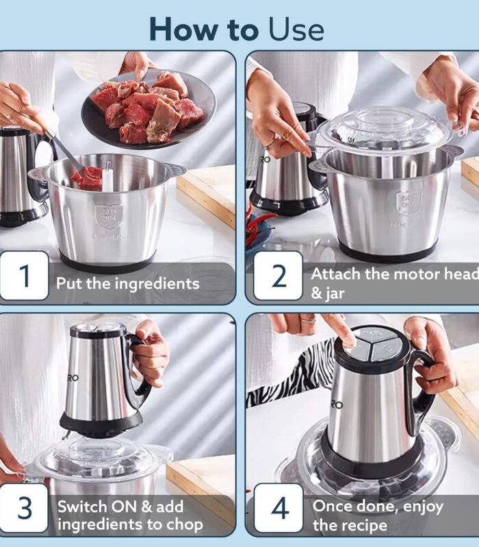 2L Electric Meat Grinder with Handle | 1000W Powerful Meat Mincer & Food Chopper | Stainless Steel Bowl | 4D Sharp Blades | Dual Speed | Multi-Purpose Kitchen Chopper for Meat, Vegetables & Spices