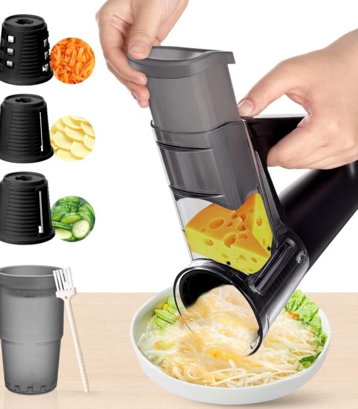 Electric Vegetable Slicer with Container – Handheld Rotary Grater Salad Cutter & Food Chopper | 3 Interchangeable Blades for Onion, Garlic, Carrot & Cucumber | Compact Kitchen Tool (Black)