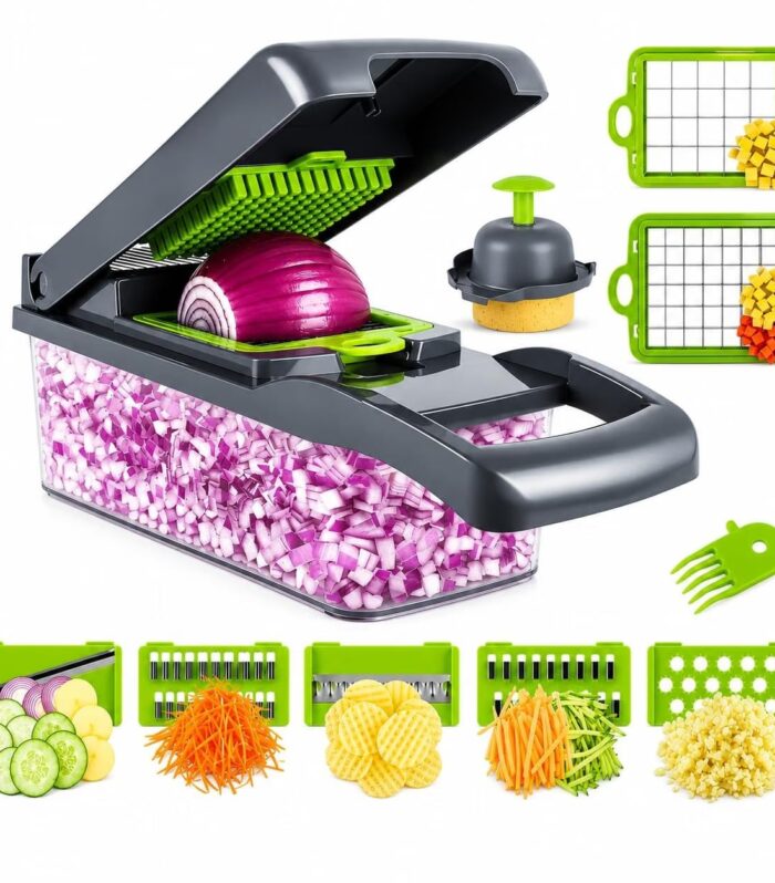 14-in-1 Vegetable Chopper for Kitchen, Multi-Function Onion Cutter & Vegetable Slicer with Cutting Blades, Manual Food Chopper (Green)